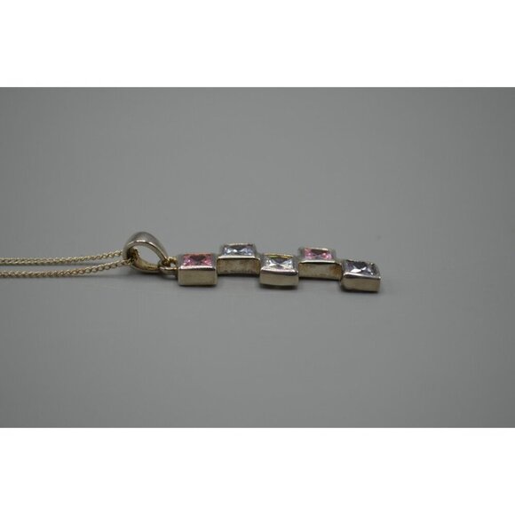 Square Rhinestone Drop Pendant Necklace Sterling Silver 925 MHJ 3.8g 9.25" Pink - Picture 4 of 8